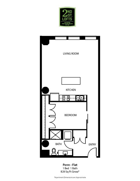 Floor plan for 1 bed, 1 bath, 829 sqft